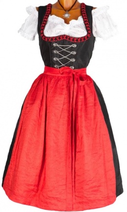 7037 Klassisches 70er Seidendirndl Gr 32 schwarz rot